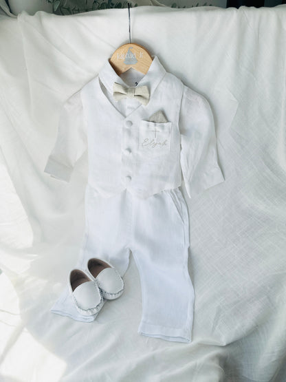 Baby and Toddler Boys white linen outfit with vest, shirt, pants, suspenders and bowtie plus optional blue blazer