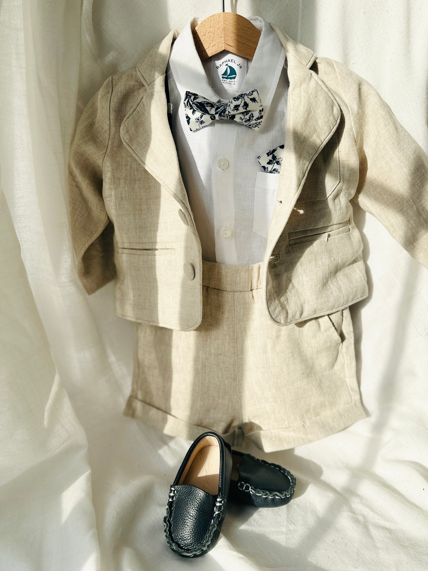 Beige Linen Summer Suit with navy blue accessories
