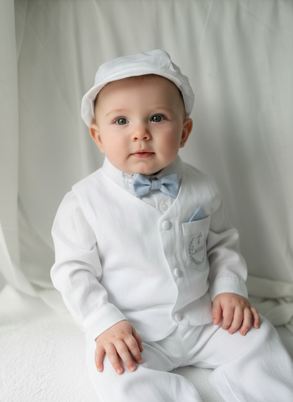 Baby and Toddler Boys white linen outfit with vest, shirt, pants, suspenders and bowtie plus optional blue blazer