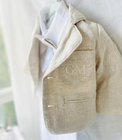 Beige linen pants and shirt set with bowtie and suspenders and optional personalisation