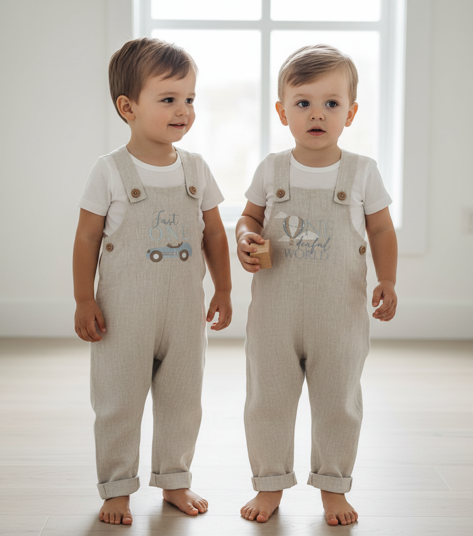 Boys Beige Linen Christmas overalls romper customisable