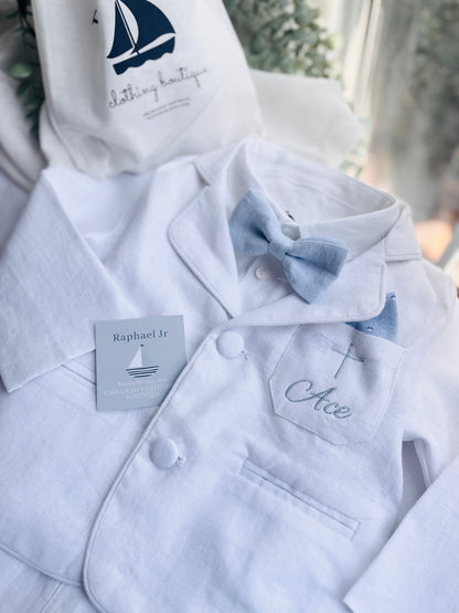Boys White linen Baptism blazer jacket with optional embroidery