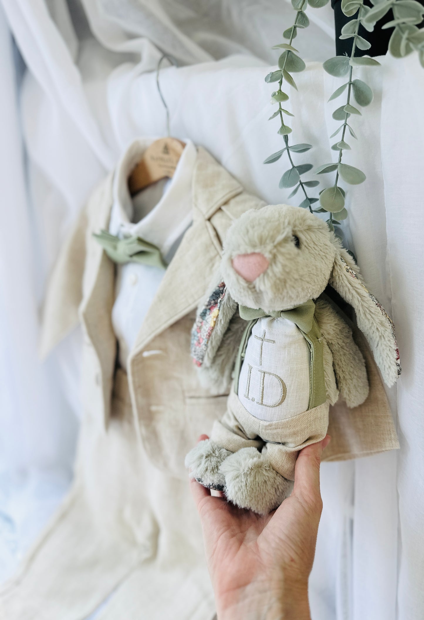 Beige Linen vest suit, shirt, pants, suspenders and bowtie plus optional jacket, cap and shoes