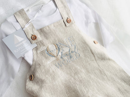 Boys Beige Linen Birthday overalls romper dungarees safari balloon fast car wild sea themes