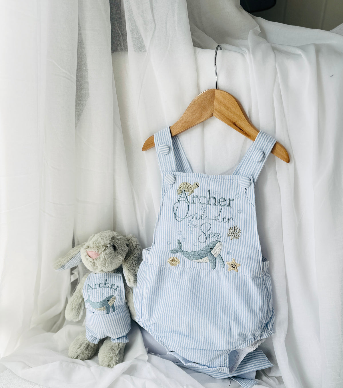 Boys Blue Seersucker Embroidered First Birthday romper