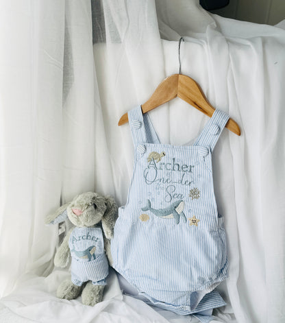 Boys Blue Seersucker Embroidered First Birthday romper
