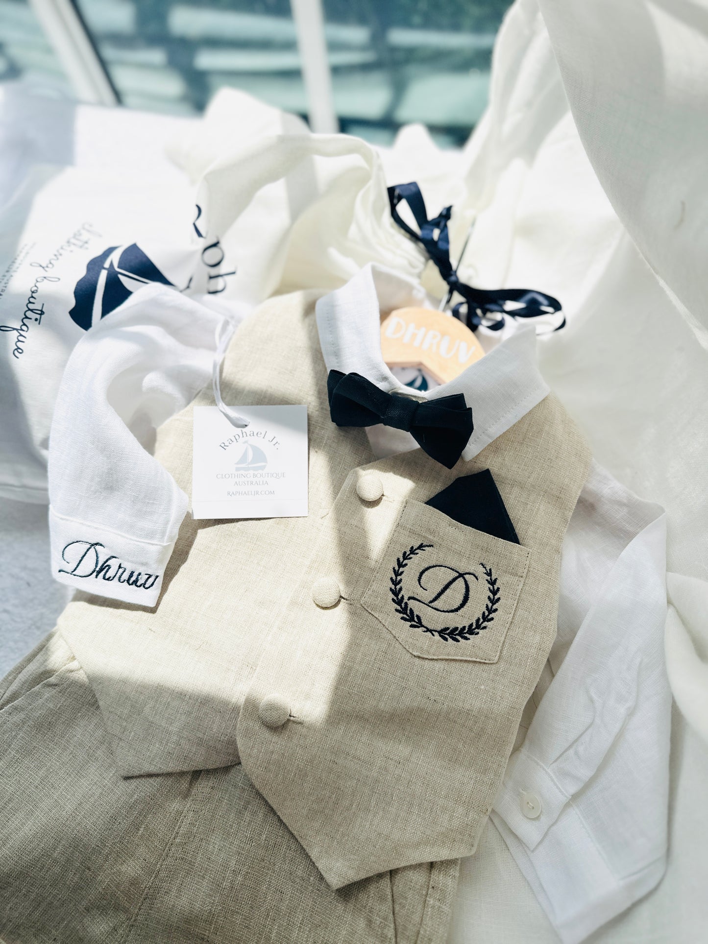 Beige Linen Outfit with vest, shirt, pants, suspenders and bowtie plus optional jacket, cap and shoes