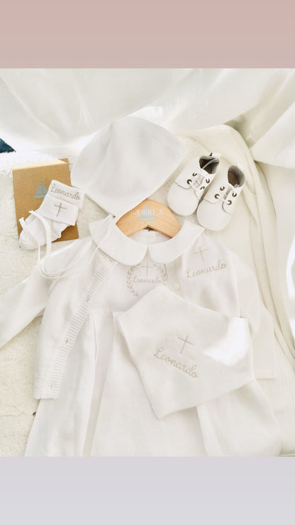 White Linen Unisex Baptism Gown 3/4 length romper with detachable skirt