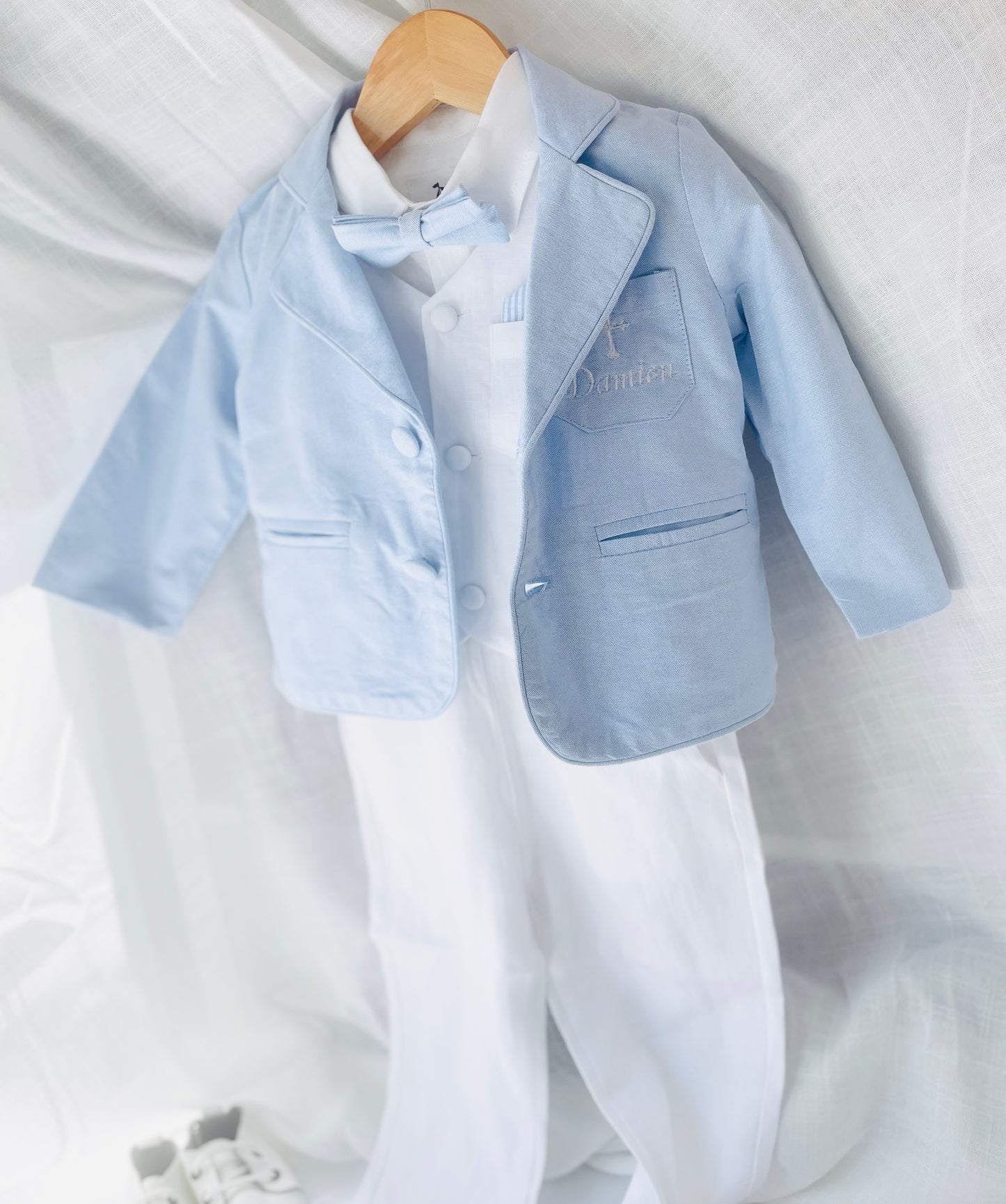 Baby and Toddler Boys white linen full length set with vest, shirt, pants, suspenders and bowtie plus optional blue blazer