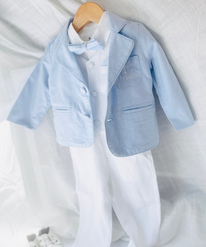 Baby and Toddler Boys white linen outfit with vest, shirt, pants, suspenders and bowtie plus optional blue blazer