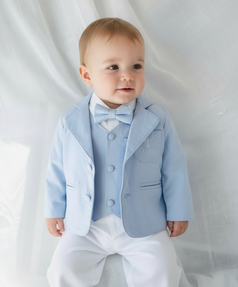 Boys pale blue and white Baptism outfit with blue vest, white linen suspender pants and shirt