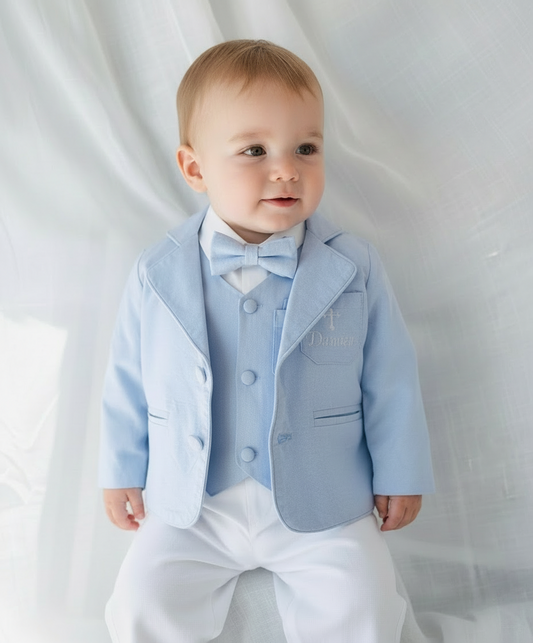 Boys pale blue and white Baptism outfit with blue vest, white linen suspender pants and shirt