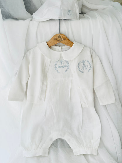 White Linen Unisex Baptism Gown 3/4 length romper with detachable skirt