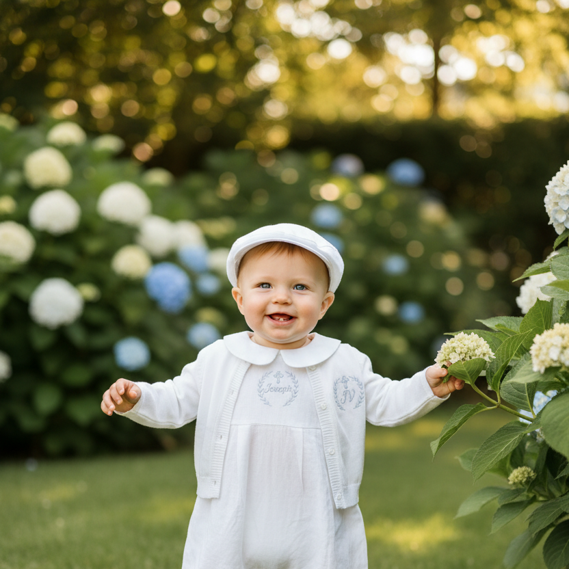 White Linen Unisex Baptism Gown 3/4 length romper with detachable skirt
