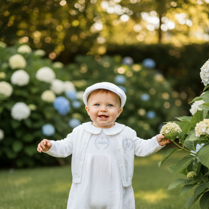 White Linen Unisex Baptism Gown 3/4 length romper with detachable skirt