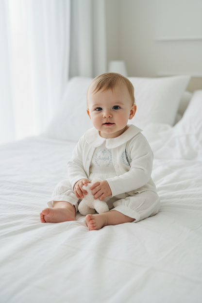 White Linen Unisex Baptism Gown 3/4 length romper with detachable skirt