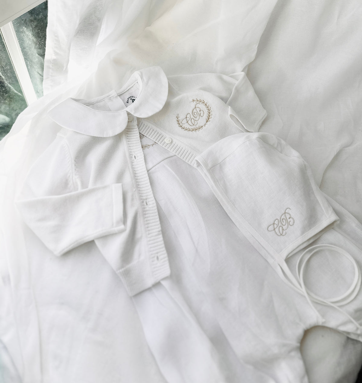 Linen Baptism 3/4 length jumpsuit romper with optional cardigan and embroidery