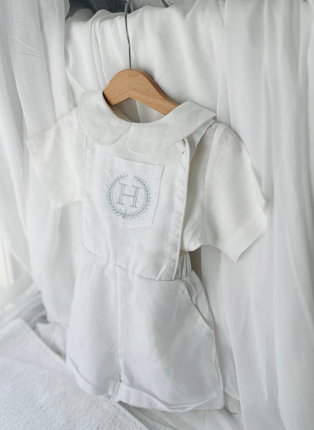 Boys white pure linen overalls suspender shorts with optional shirt and embroidery