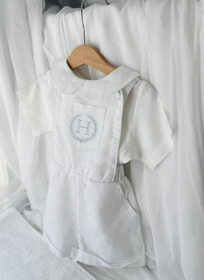 Boys white pure linen overalls suspender shorts with optional shirt and embroidery