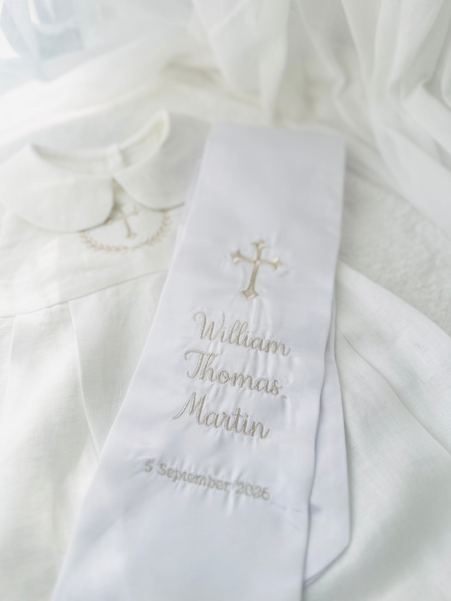 White linen Baptism Christening bib with optional embroidery