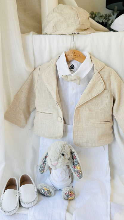 White and beige Summer linen outfit with suspender shorts, shirt, and bow tie plus optional jacket and embroidery