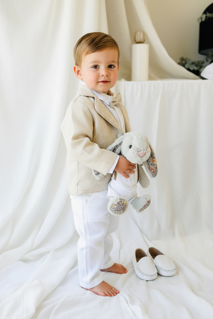White and beige Summer linen outfit with suspender shorts, shirt, and bow tie plus optional jacket and embroidery