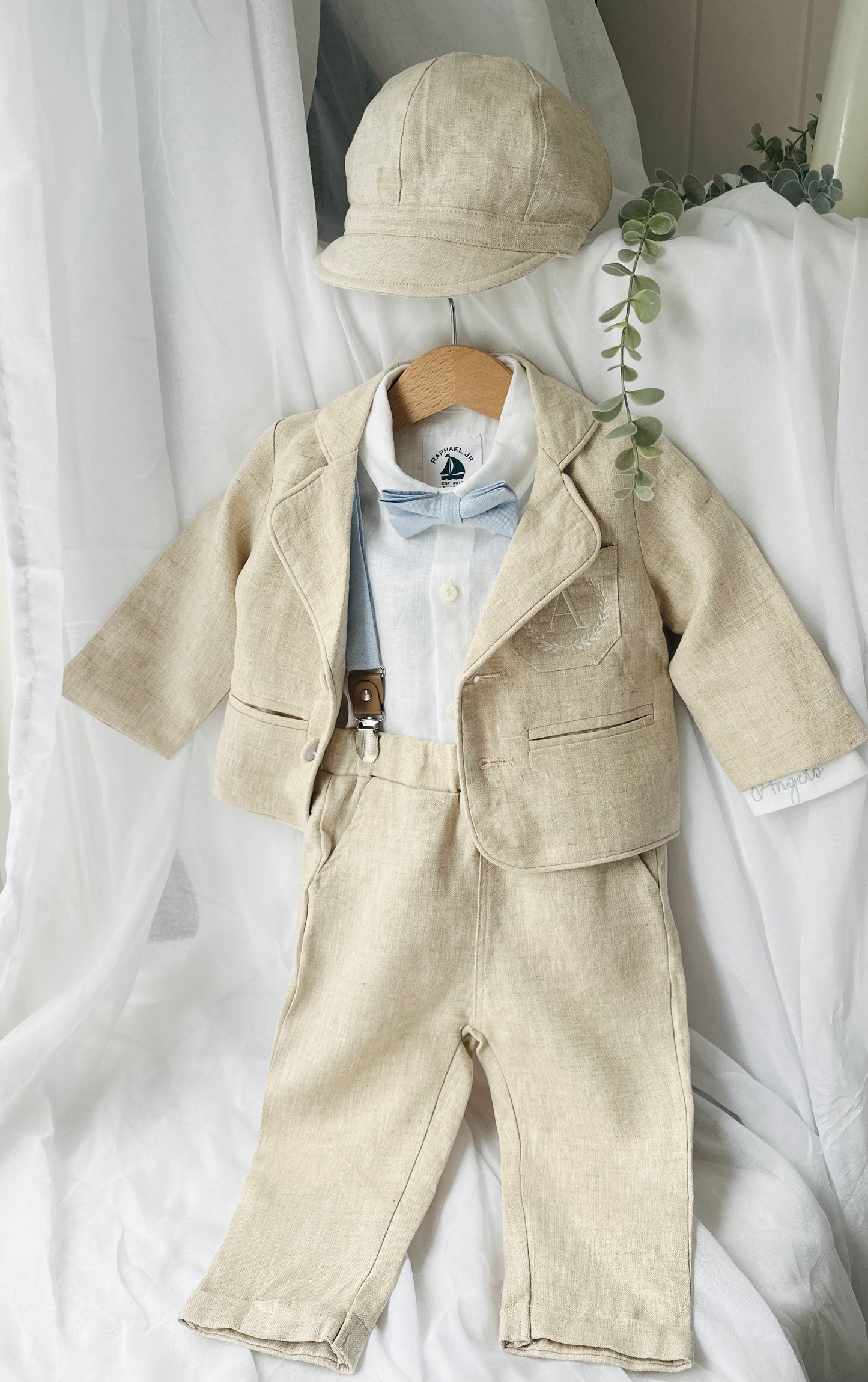 Beige Linen full length suit with pants, shirt, jacket and accessories