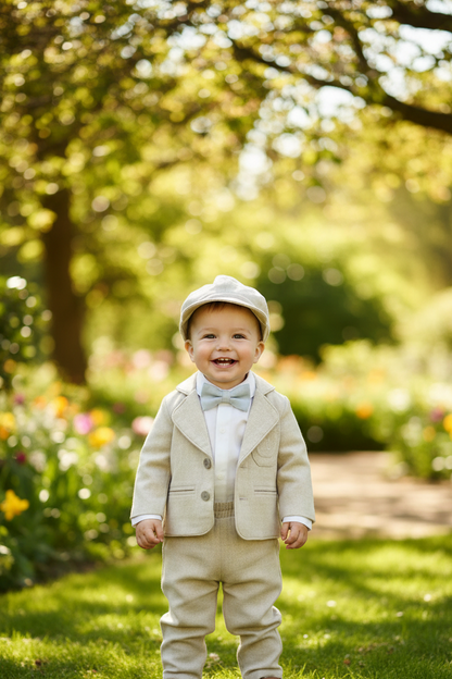 Beige Linen full length suit with pants, shirt, jacket and accessories