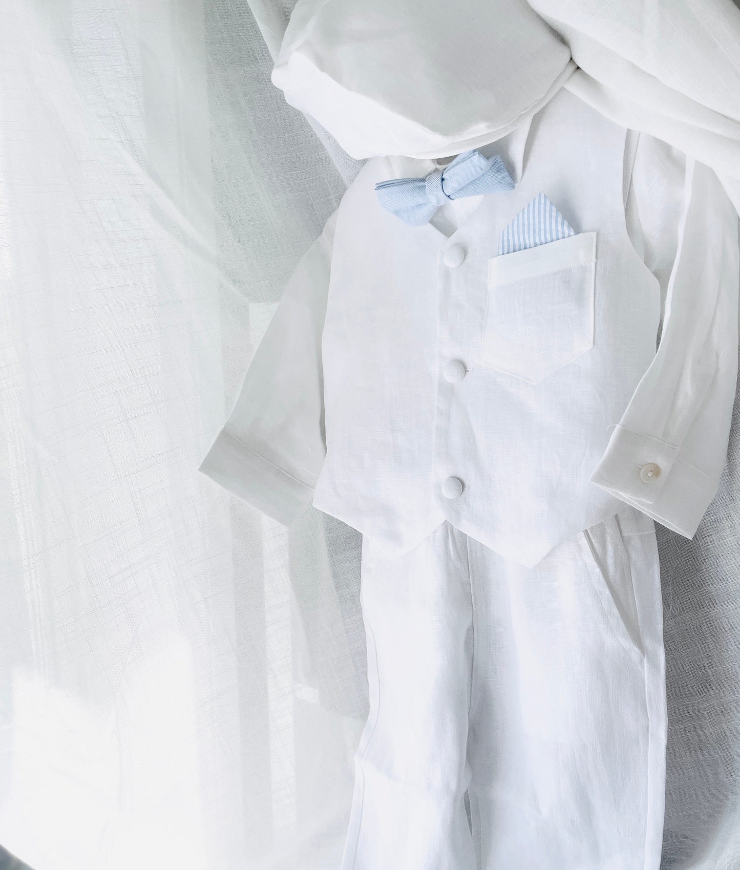 Baby and Toddler Boys white linen full length set with vest, shirt, pants, suspenders and bowtie