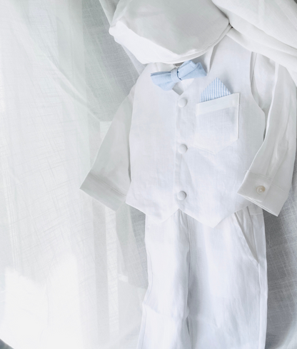 Boys white linen full 5 piece suit with vest, jacket, shirt, pants, suspenders and bow tie plus extras