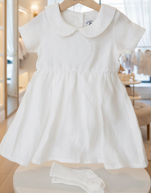 Pure Linen knee length Baptism Dress with embroidery and bloomers and optional ribbon