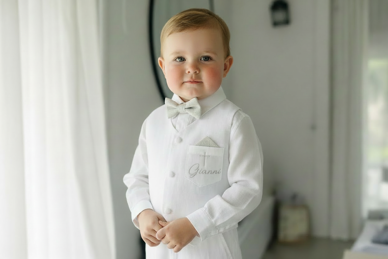 Boys white linen full length Baptism set with vest, shirt, pants, suspenders and bow tie