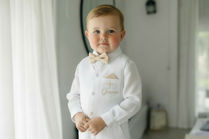 Boys white linen full 5 piece suit with vest, jacket, shirt, pants, suspenders and bow tie plus extras