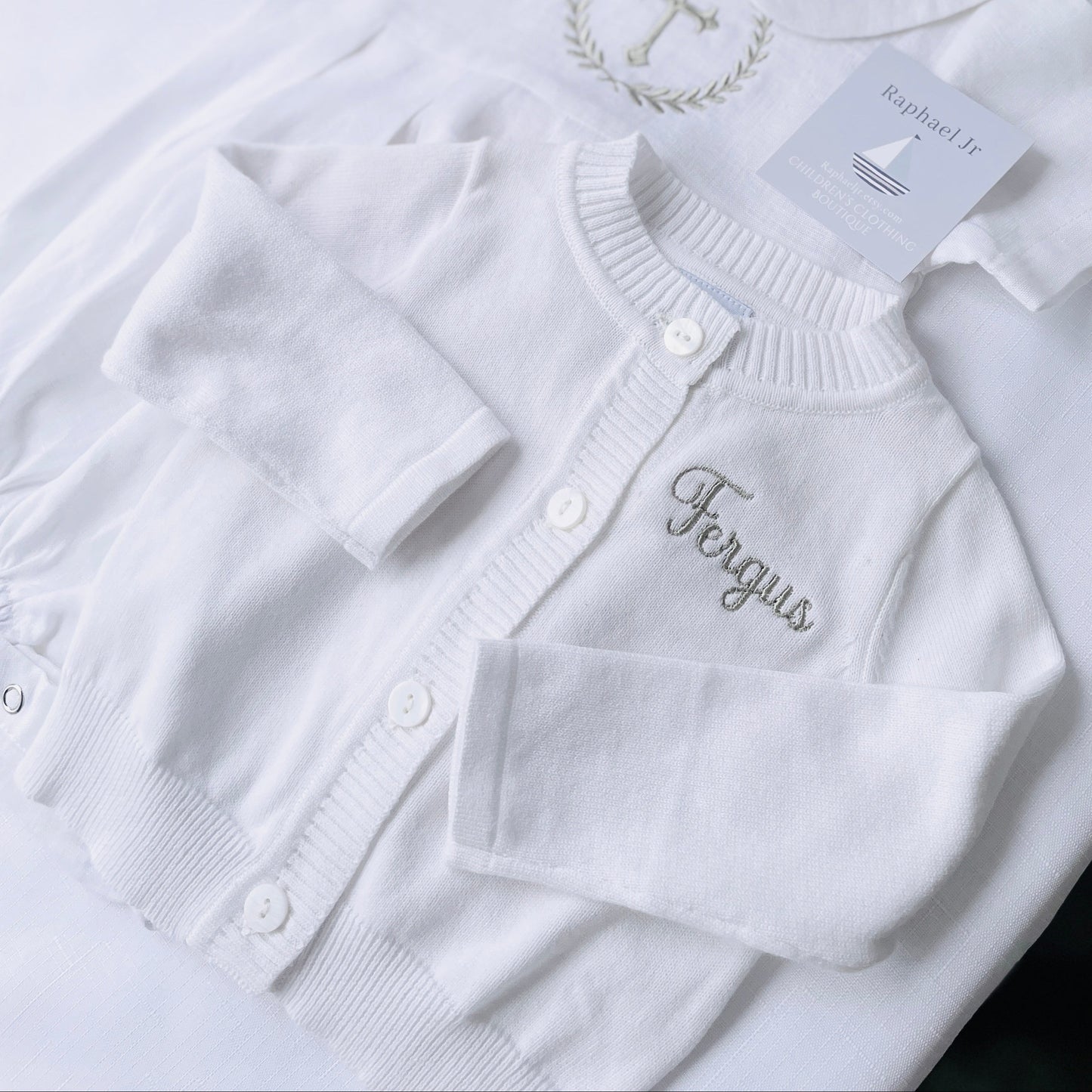 Baby white cardigan sweater 100% cotton with optional embroidery