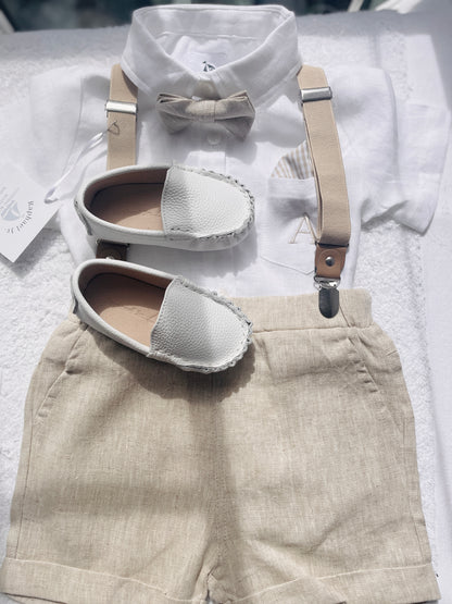 Beige Linen Baptism outfit with suspender shorts, shirt, and bow tie plus optional jacket and embroidery