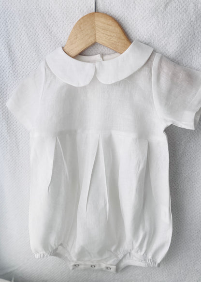 Linen Baptism peter pan collar bubble romper with optional embroidery customisation