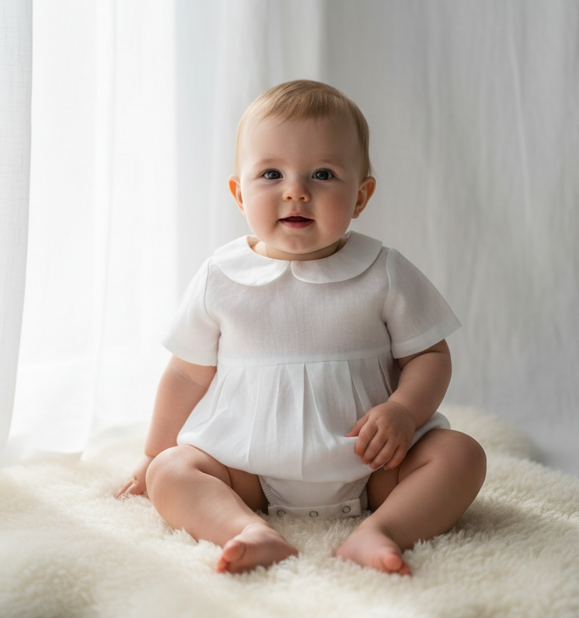 Linen Baptism peter pan collar romper outfit with optional embroidery customisation