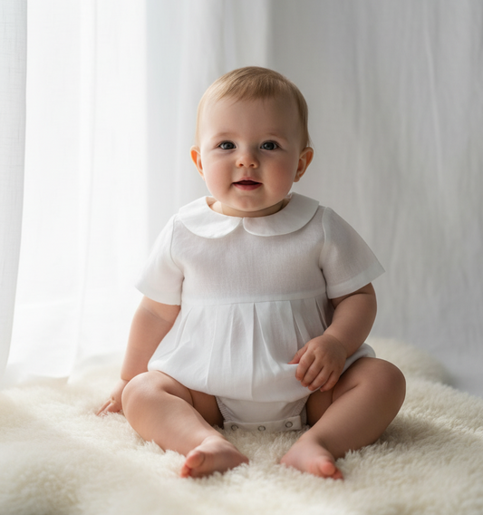Linen Baptism peter pan collar romper outfit with optional embroidery customisation