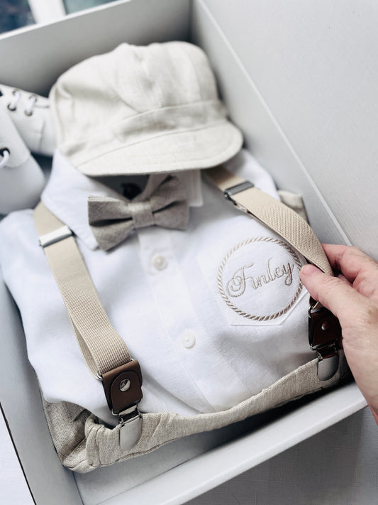 Beige linen baby and toddler boys suit with additional accessories and personalisation