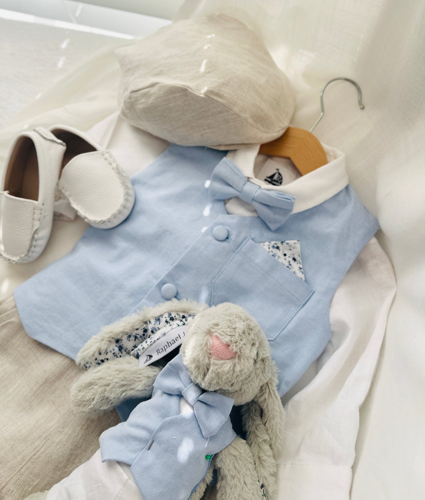 Beige Linen pants and blue vest outfit