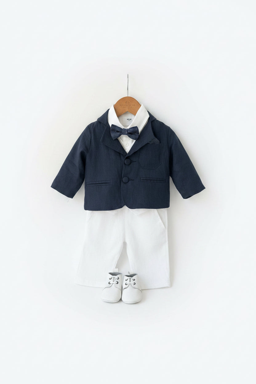 Boys white vest with white linen suit and navy jacket set