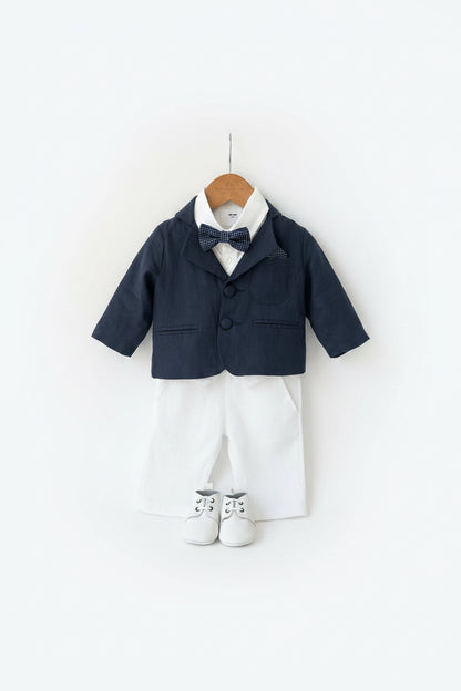 Boys white vest with white linen suit and navy jacket set