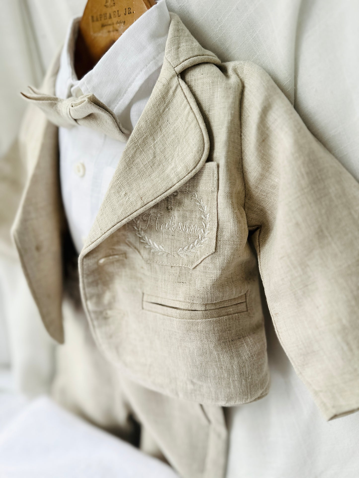 Beige Linen Shorts Shirt Suspenders and Vest set with Optional Cap Jacket and Embroidery