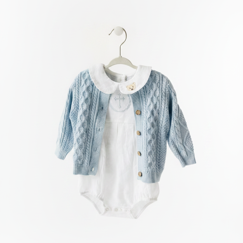 Baby outfit with blue cardigan, round collar bodysuit and white linen bloomers and long socks