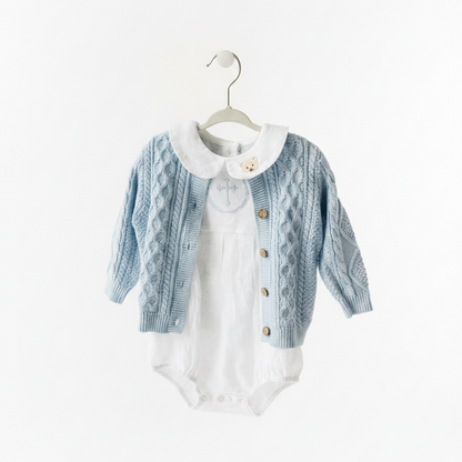 Baby outfit with blue cardigan, round collar bodysuit and white linen bloomers and long socks