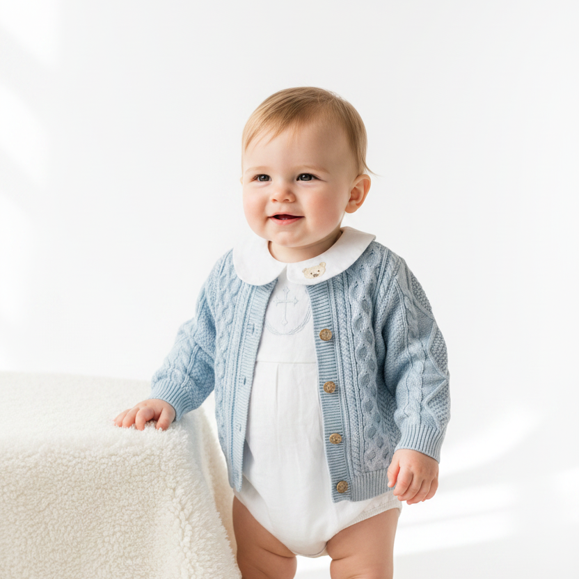 Baby outfit with blue cardigan, round collar bodysuit and white linen bloomers and long socks