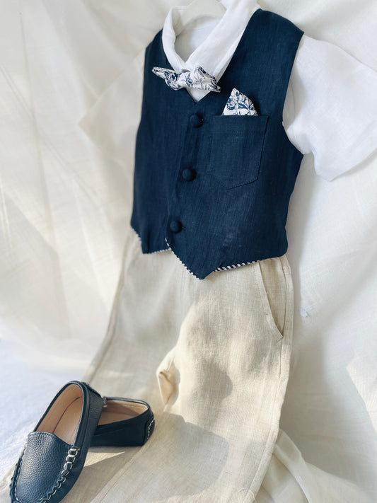 Navy blue linen suit with vest, pants, shirt, suspenders and bow tie plus optional jacket, embroidery, shoes and cap