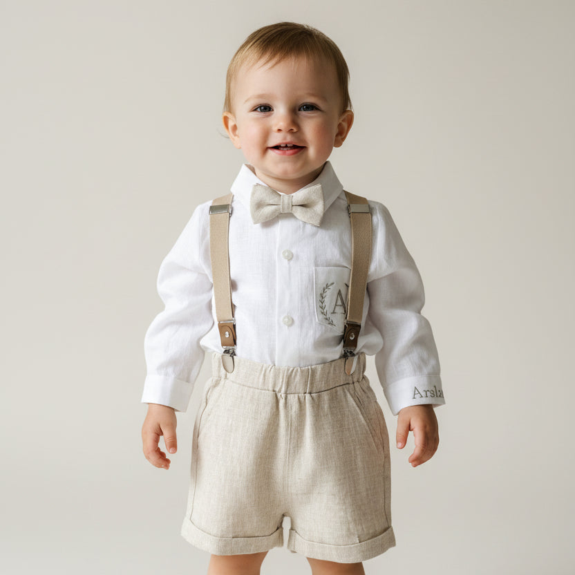 Beige Linen Baptism outfit with suspender shorts, shirt, and bow tie plus optional jacket and embroidery