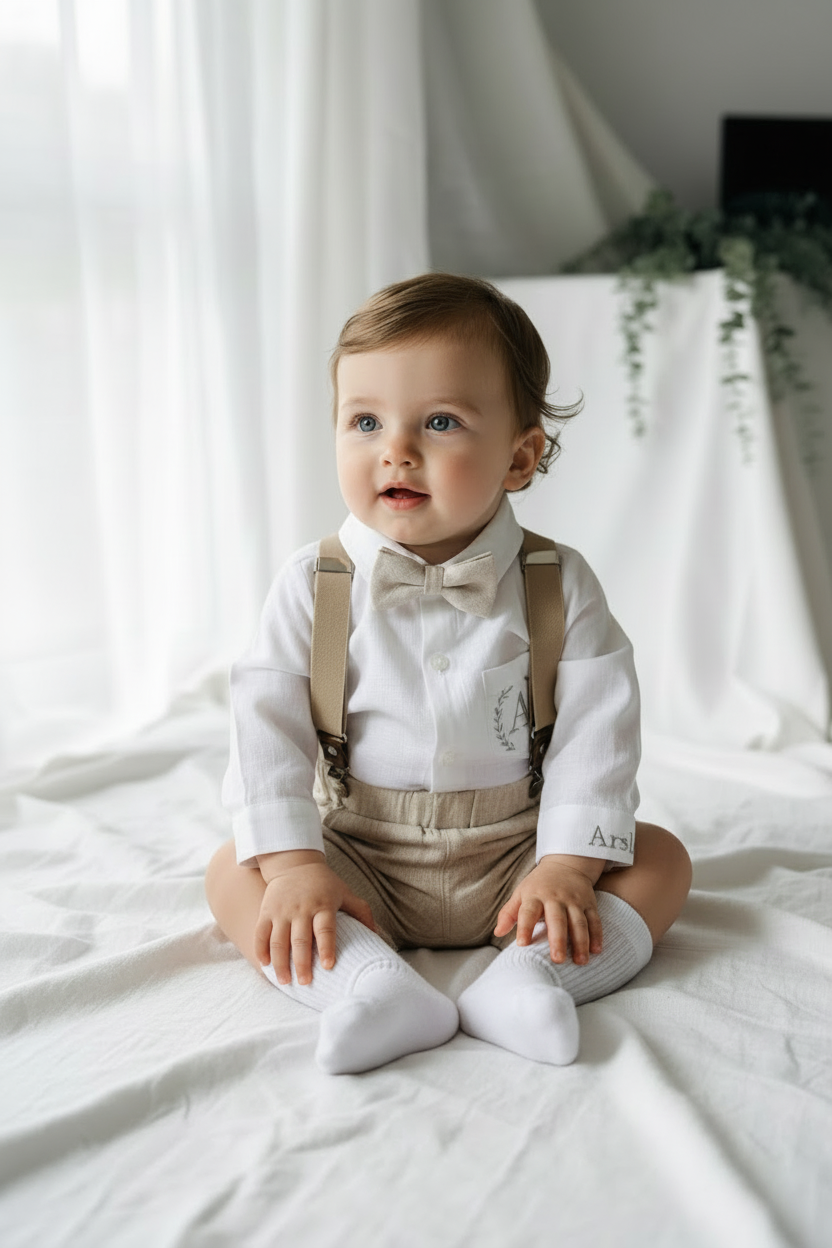 Beige Linen Baptism outfit with suspender shorts, shirt, and bow tie plus optional jacket and embroidery