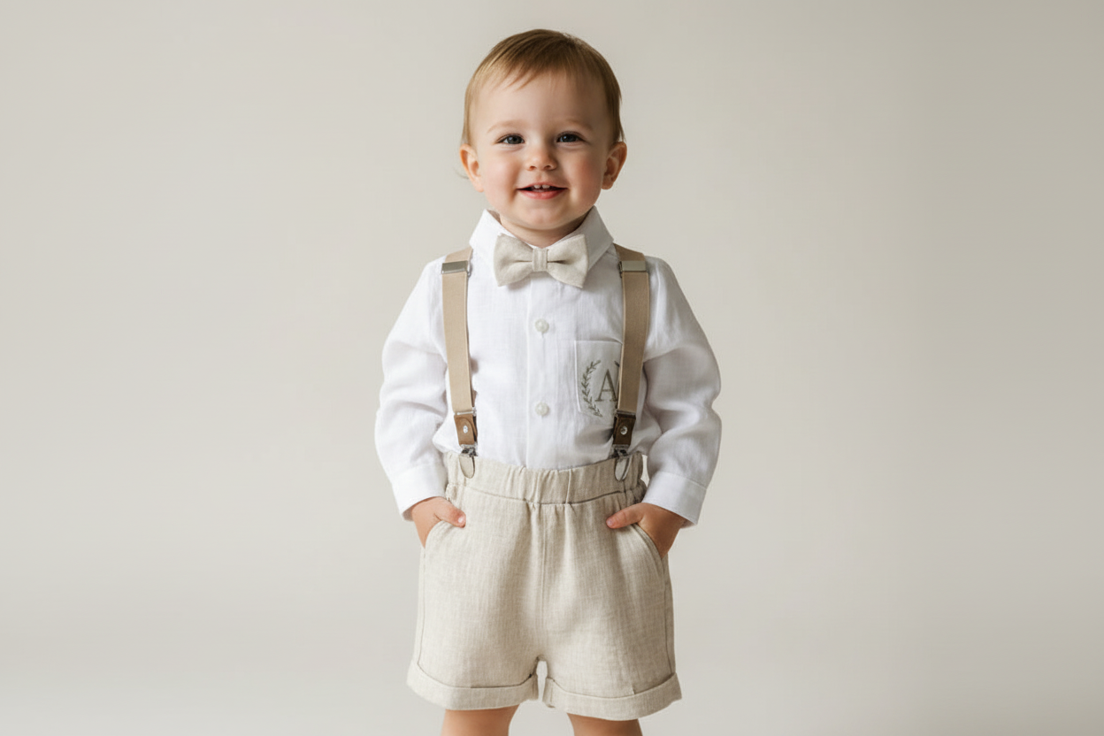 Beige Linen Baptism outfit with suspender shorts, shirt, and bow tie plus optional jacket and embroidery